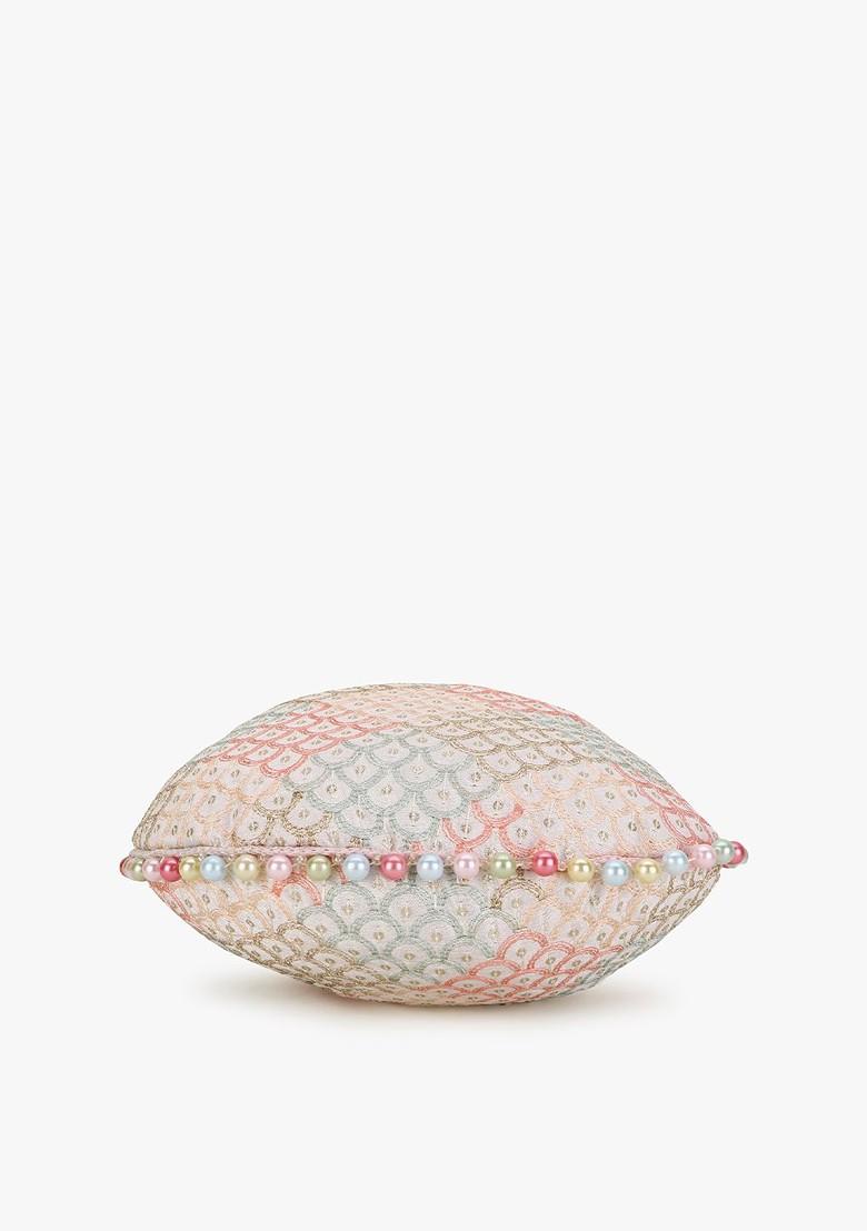 Women Off White And Pink Embellished Tasselled Potli Clutch