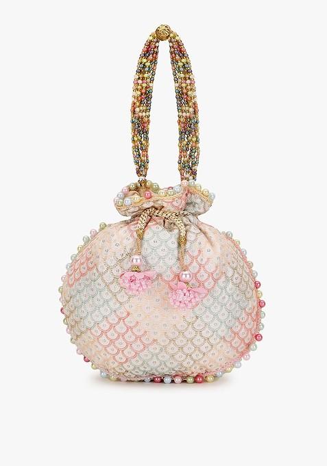 Women Off White And Pink Embellished Tasselled Potli Clutch
