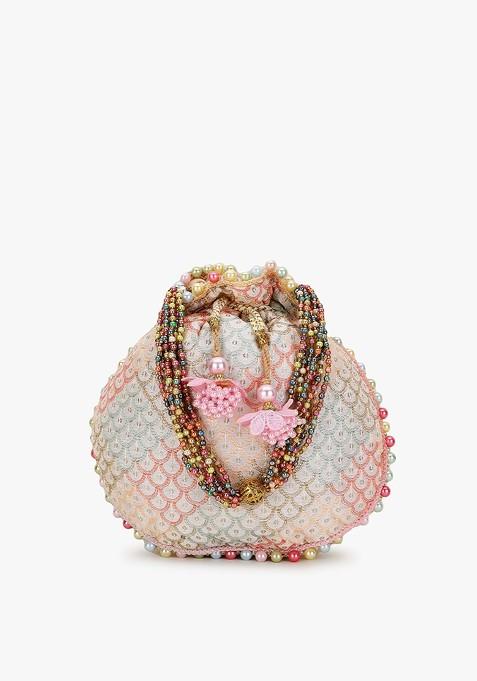 Women Off White And Pink Embellished Tasselled Potli Clutch