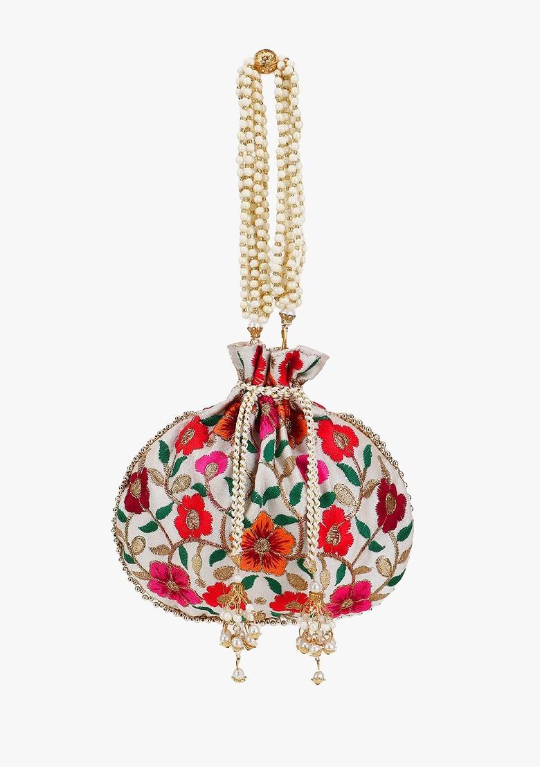 Women Cream Coloured And Orange Embroidered Potli Clutch