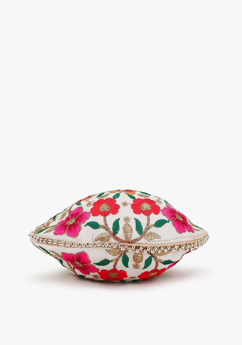 Women Cream Coloured And Orange Embroidered Potli Clutch