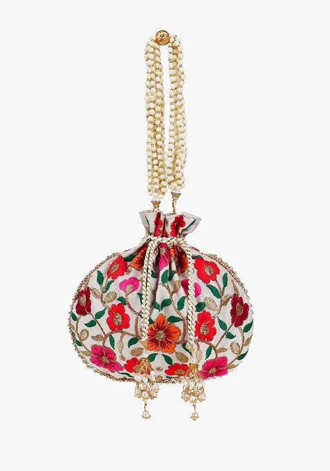 Women Cream Coloured And Orange Embroidered Potli Clutch