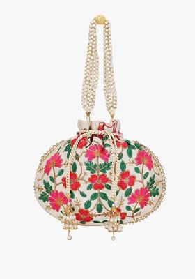 Women Cream Coloured And Green Embroidered Tasselled Potli Clutch