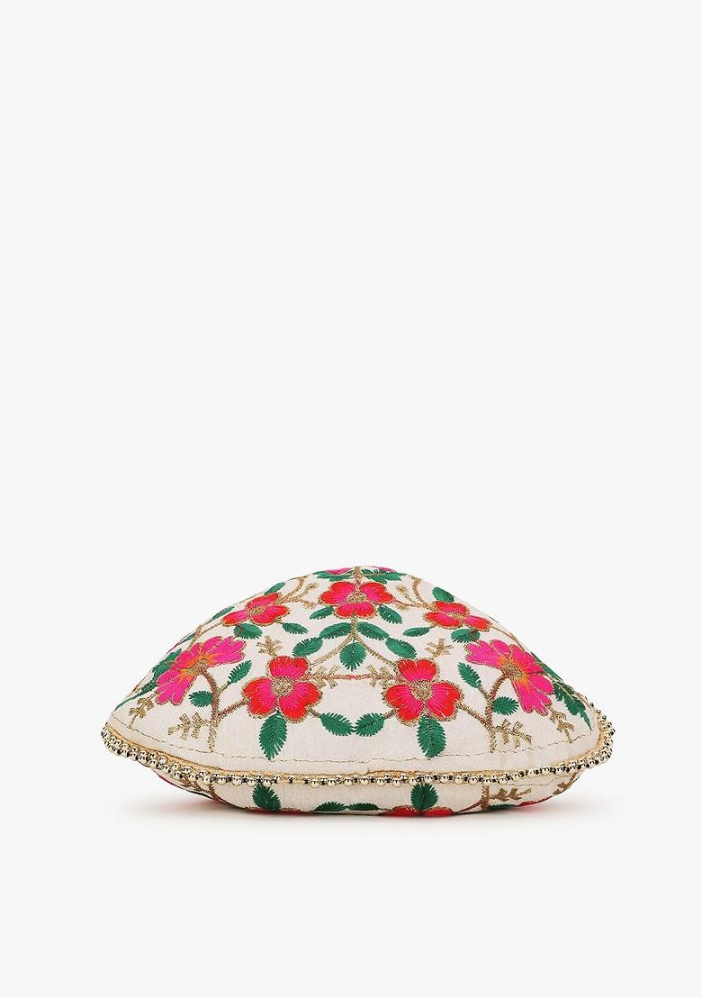 Women Cream Coloured And Green Embroidered Tasselled Potli Clutch