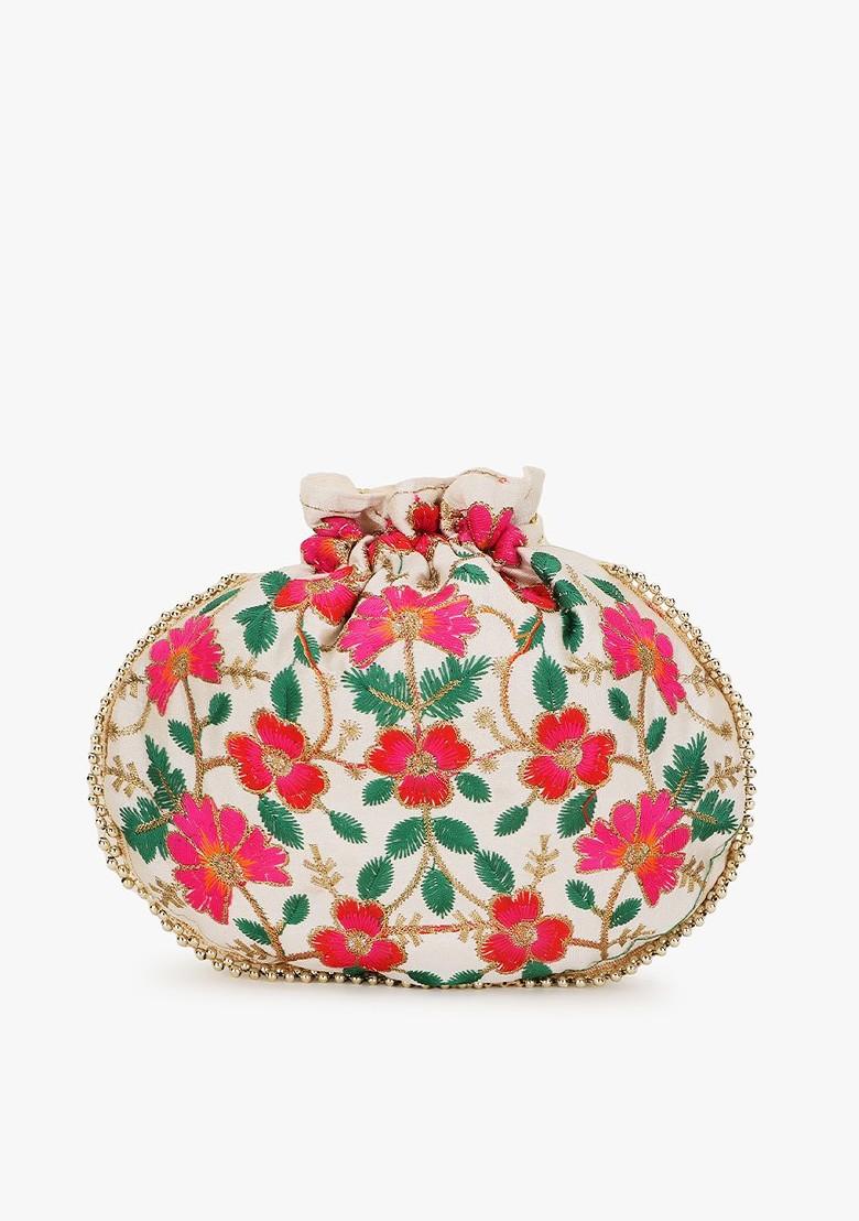 Women Cream Coloured And Green Embroidered Tasselled Potli Clutch