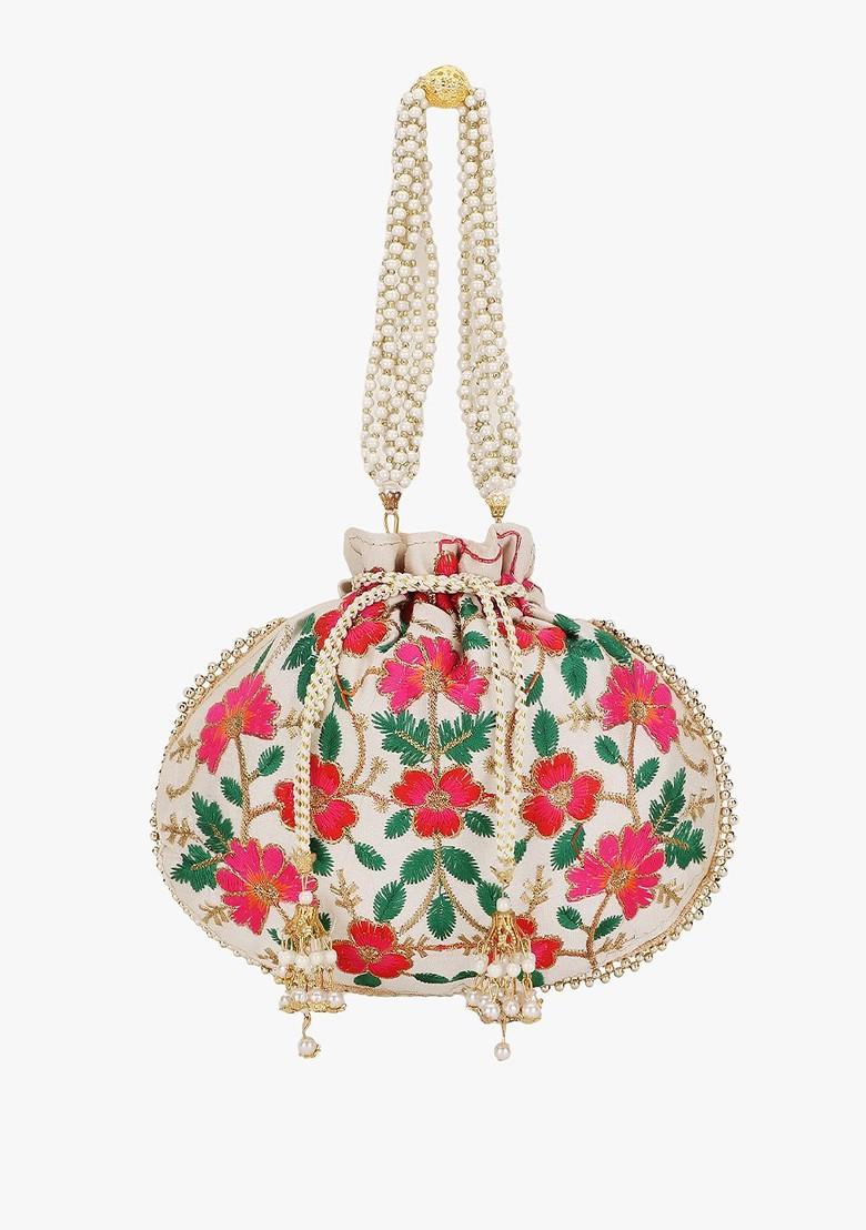 Women Cream Coloured And Green Embroidered Tasselled Potli Clutch