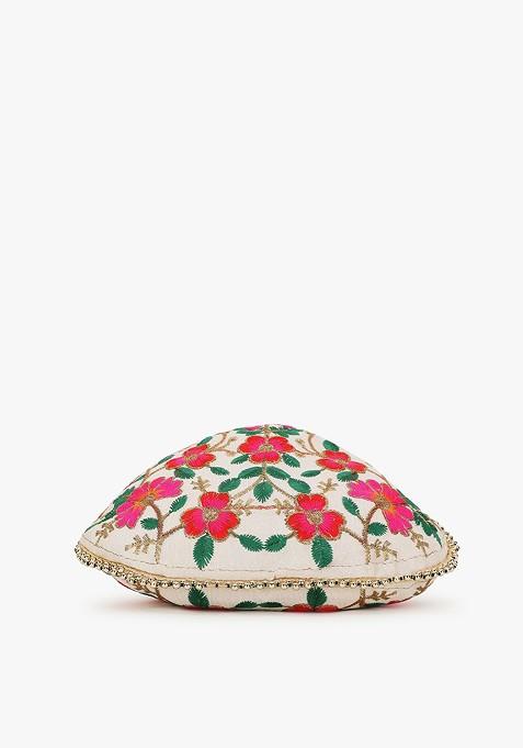 Women Cream Coloured And Green Embroidered Tasselled Potli Clutch