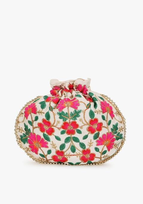 Women Cream Coloured And Green Embroidered Tasselled Potli Clutch