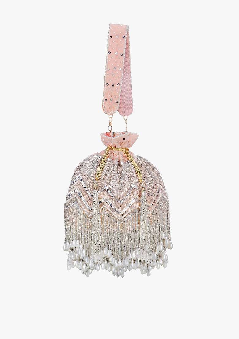 Women Peach Coloured And Silver Toned Velvet Embellished Potli Clutch - Indya