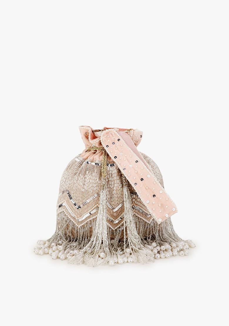 Women Peach Coloured And Silver Toned Velvet Embellished Potli Clutch