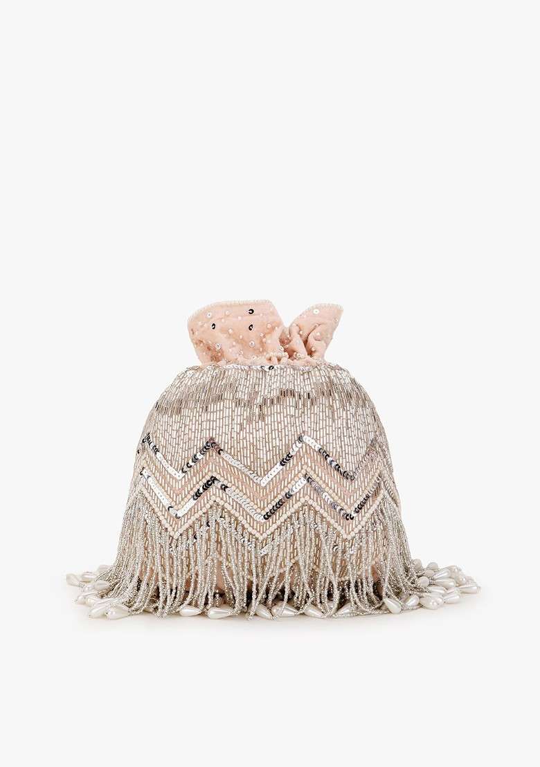 Women Peach Coloured And Silver Toned Velvet Embellished Potli Clutch - Indya