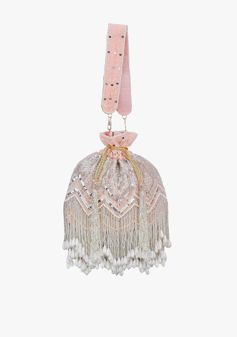 Women Peach Coloured And Silver Toned Velvet Embellished Potli Clutch