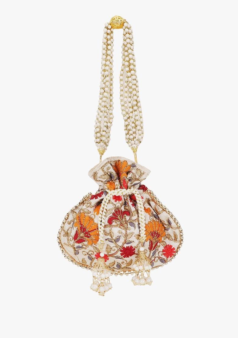 Girls Cream Coloured And Red Floral Embroidered Tasselled Potli Clutch