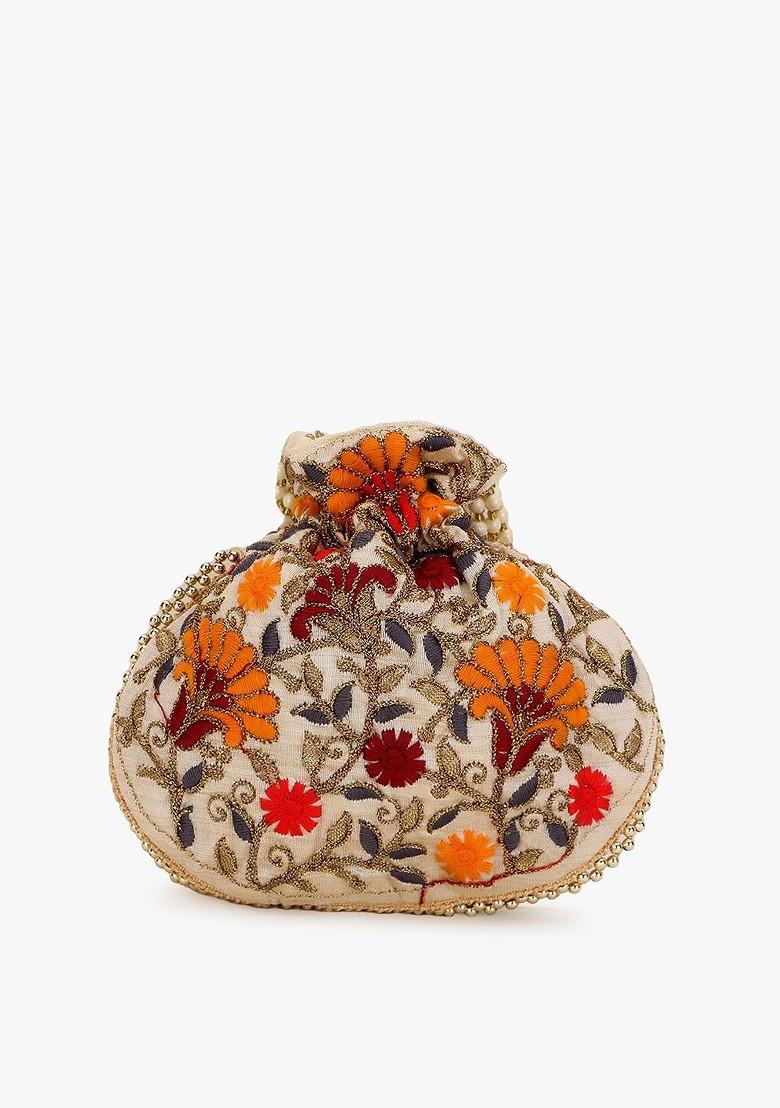 Girls Cream Coloured And Red Floral Embroidered Tasselled Potli Clutch
