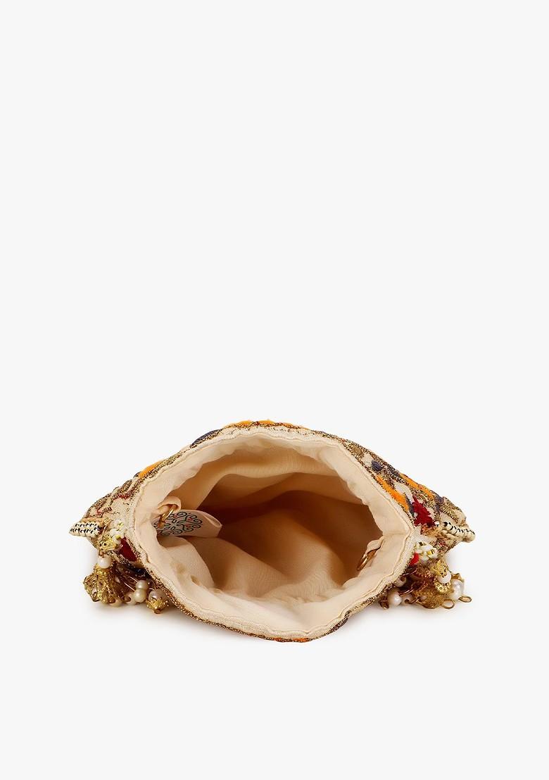 Girls Cream Coloured And Red Floral Embroidered Tasselled Potli Clutch