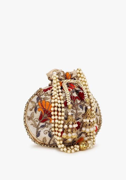 Girls Cream Coloured And Red Floral Embroidered Tasselled Potli Clutch