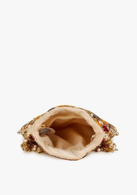 Girls Cream Coloured And Red Floral Embroidered Tasselled Potli Clutch