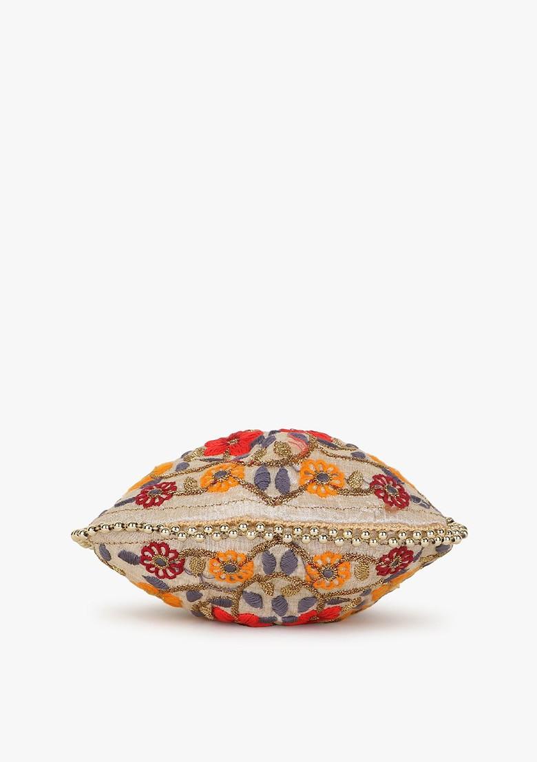 Girls Cream Coloured And White Embroidered Tasselled Potli Clutch