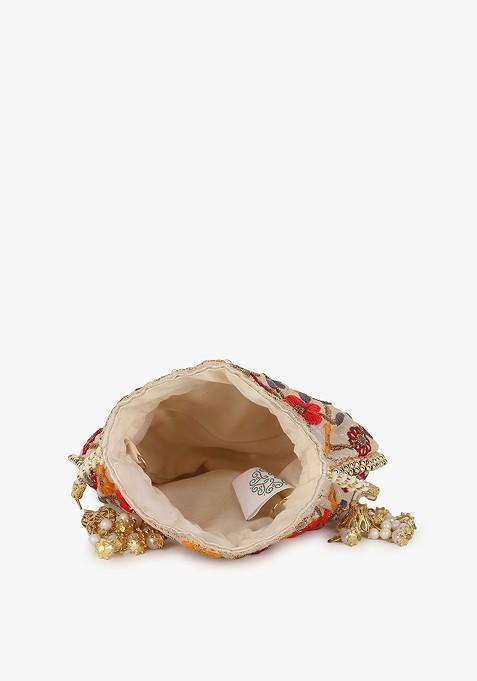 Girls Cream Coloured And White Embroidered Tasselled Potli Clutch
