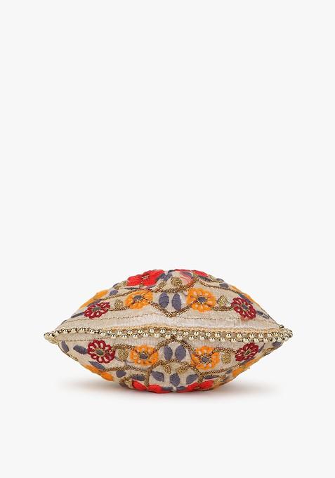 Girls Cream Coloured And White Embroidered Tasselled Potli Clutch