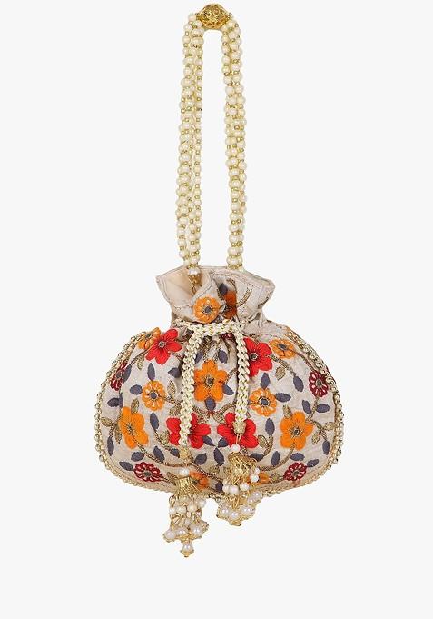Girls Cream Coloured And White Embroidered Tasselled Potli Clutch