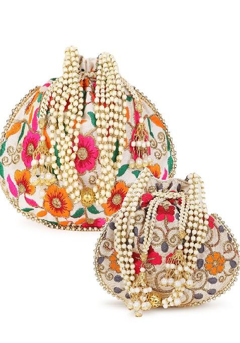 Set Of 2 Floral Embroidered Potli Clutches