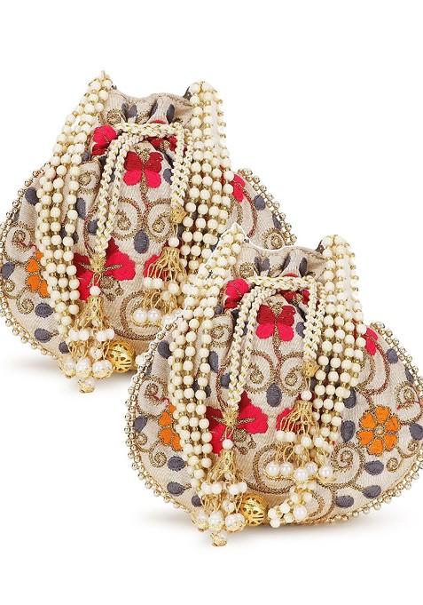 Set Of 2 Floral Embroidered Potli Clutches