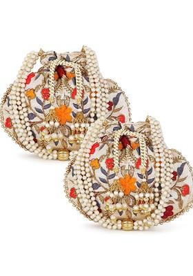 Set Of 2 Floral Embroidered Potli Clutches
