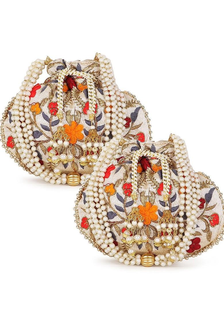 Set Of 2 Floral Embroidered Potli Clutches