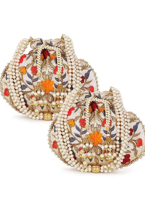 Set Of 2 Floral Embroidered Potli Clutches