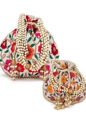 Set Of 2 Floral Embroidered Potli Clutches