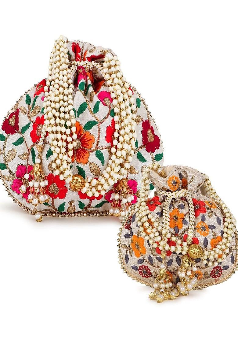 Set Of 2 Floral Embroidered Potli Clutches