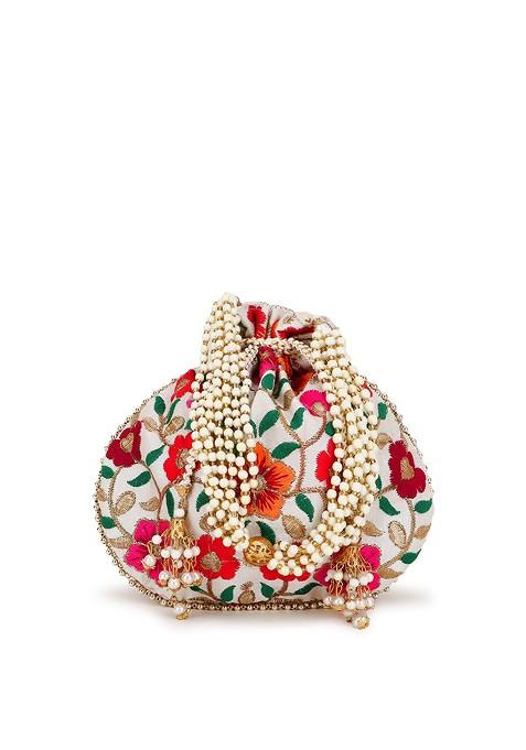 Set Of 2 Floral Embroidered Potli Clutches