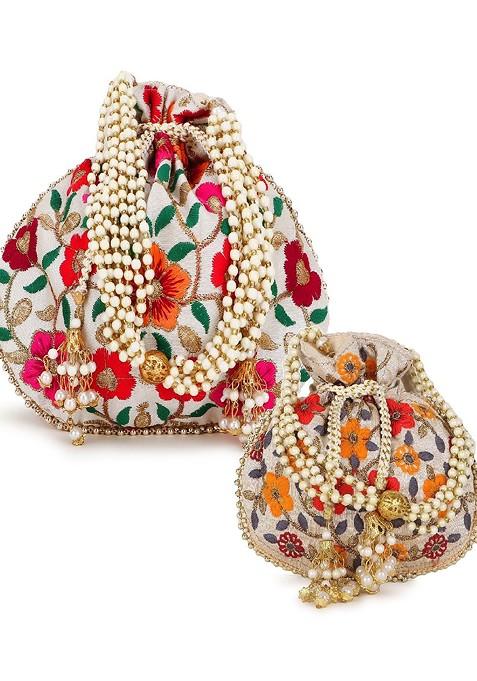Set Of 2 Floral Embroidered Potli Clutches
