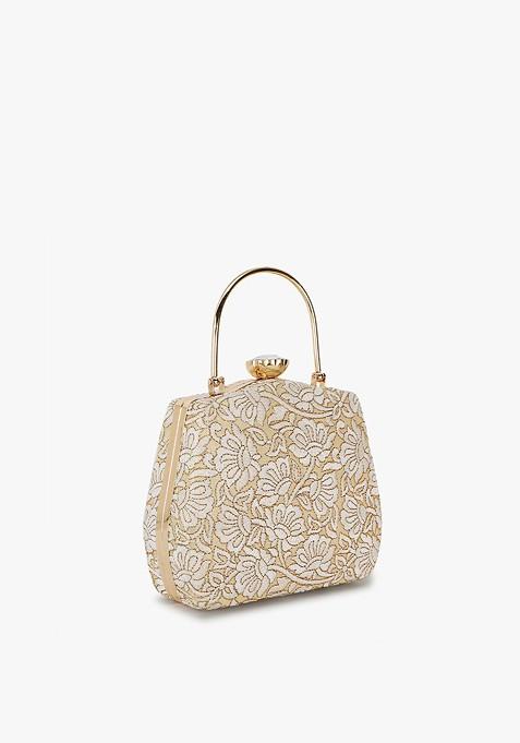 Women Floral Embroidered Fabric Box Clutch