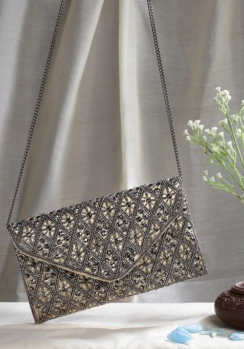 Beads And Sequines Embellished Satin Sling Bag