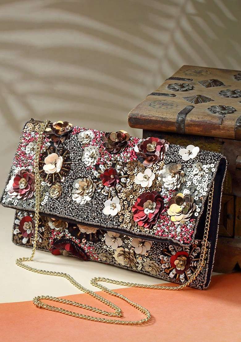 Beads And Sequines Embellished Canvas Sling Bag - Indya