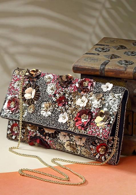 Beads And Sequines Embellished Canvas Sling Bag