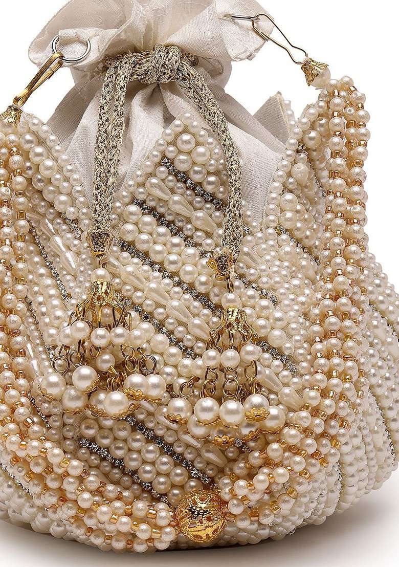 Pearl Embellished Faux Silk Potli - Indya