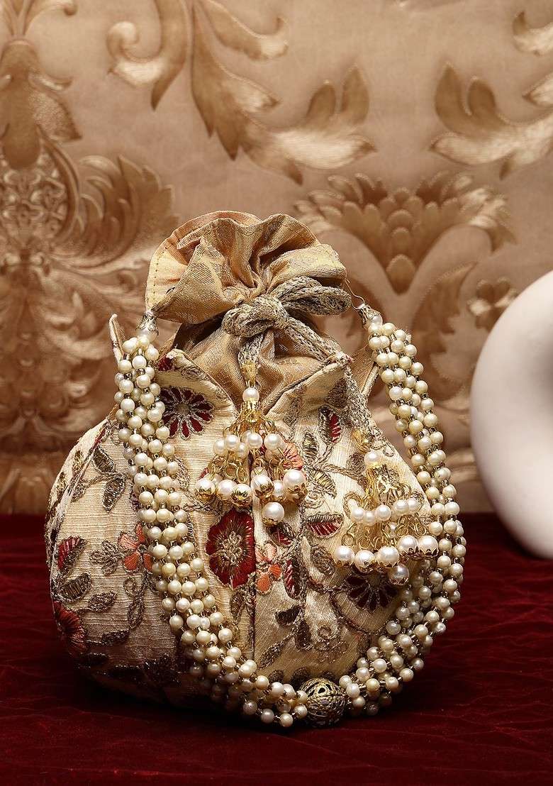 Floral Embellished Tasselled Faux Silk Potli - Indya