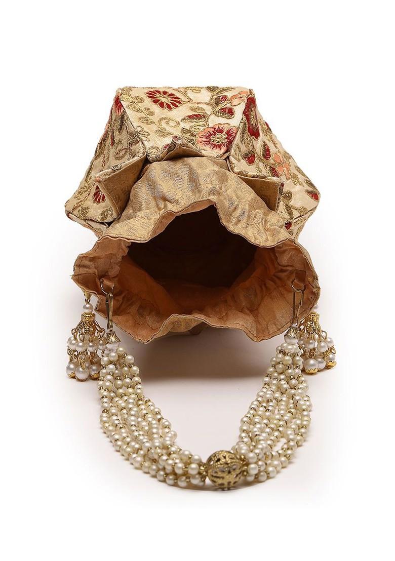 Floral Embellished Tasselled Faux Silk Potli