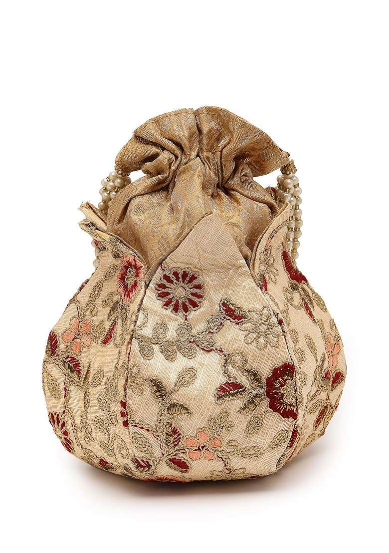 Floral Embellished Tasselled Faux Silk Potli - Indya