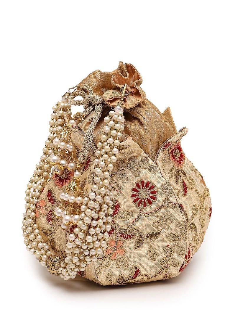 Floral Embellished Tasselled Faux Silk Potli