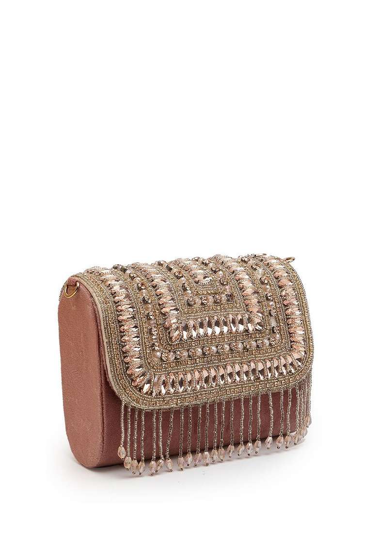 Embellished Tasselled Foldover Clutch - Indya
