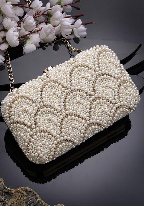 Pearls Embellished Box Clutch