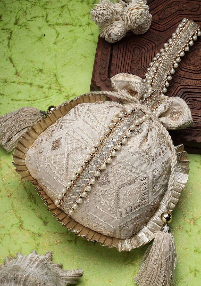 Embroidered Tasselled Potli Clutch - Indya