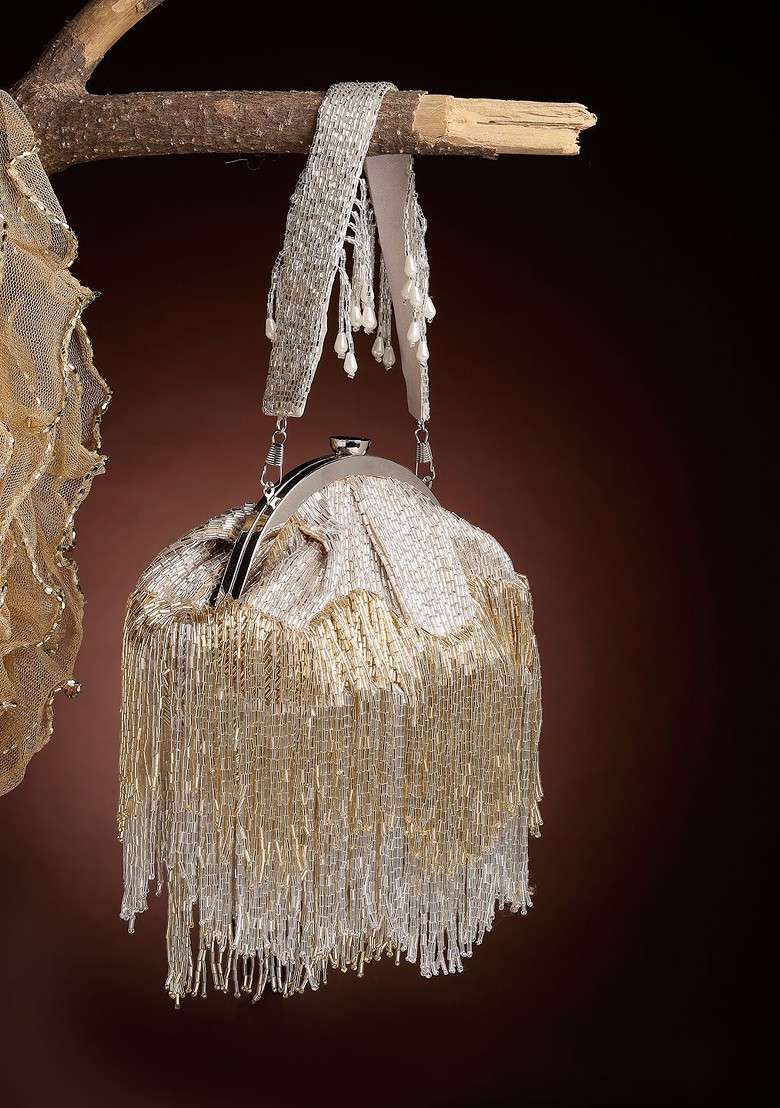 Gold And Silver Embellished Faux Silk Purse Clutch - Indya