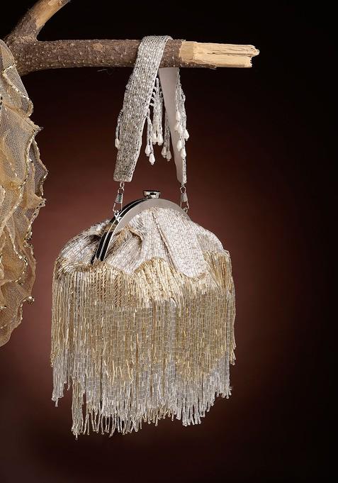 Gold And Silver Embellished Faux Silk Purse Clutch