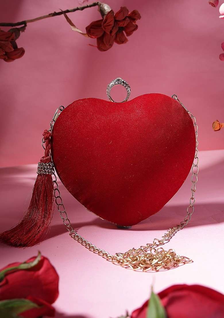 Amour Valentine Heart Shaped Tasselled Velvet Box Clutch - Indya