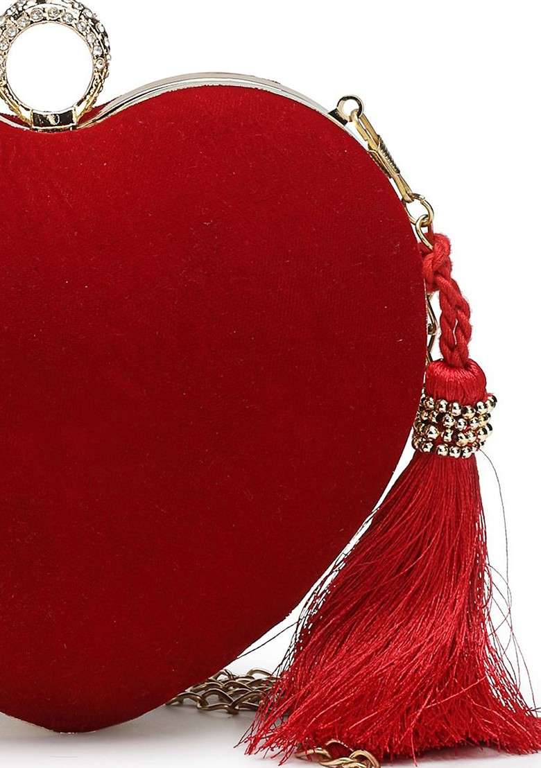 Amour Valentine Heart Shaped Tasselled Velvet Box Clutch - Indya